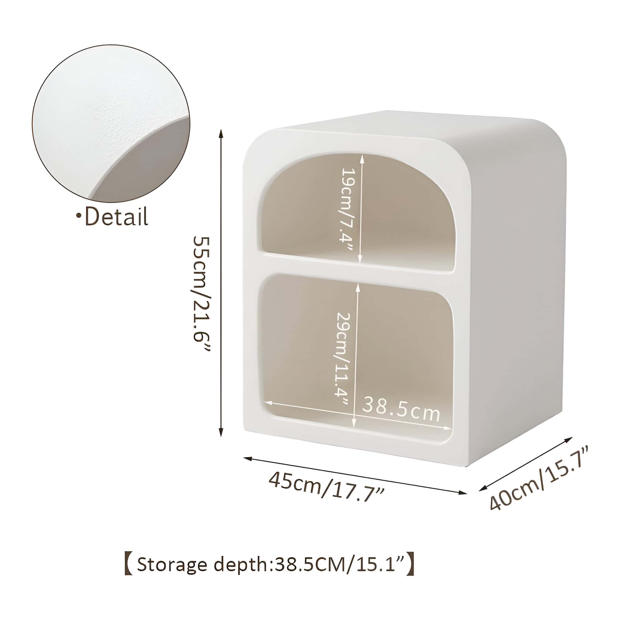 An elegant white storage cabinet designed for optical equipment, featuring two spacious compartments, measuring 19cm x 38.5cm and 29cm x 38.5cm, ideal for organizing glasses, contacts, and eye care tools.