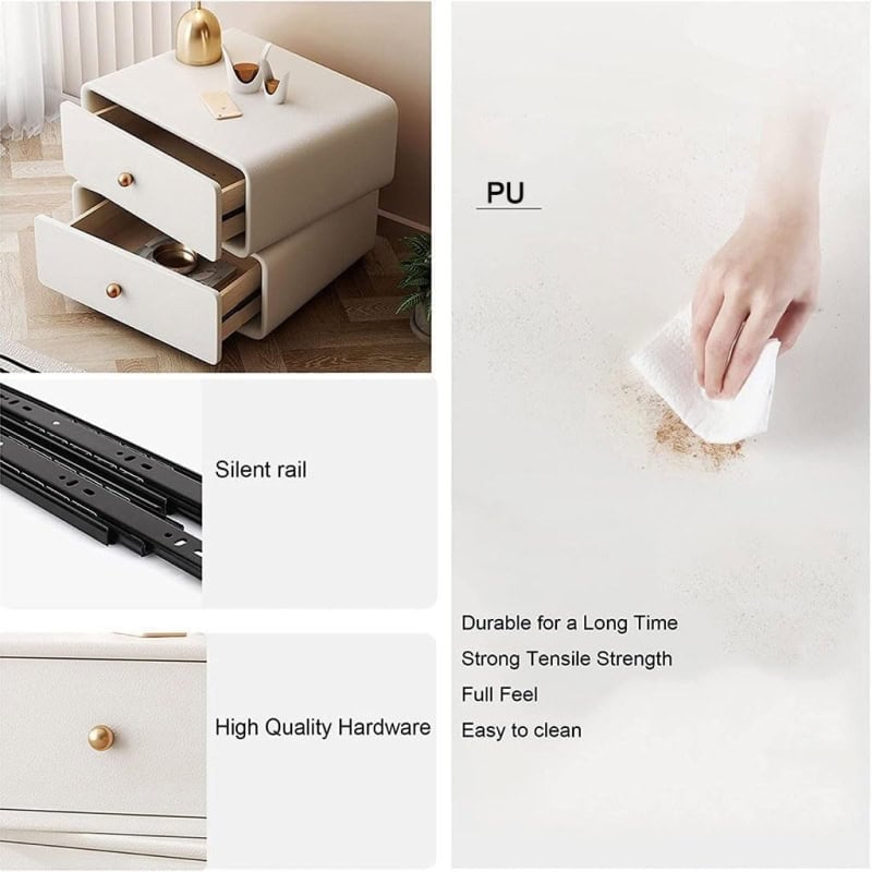 Elegant white nightstand with drawers, gold knobs, and soft-close rails for stylish bedroom storage.