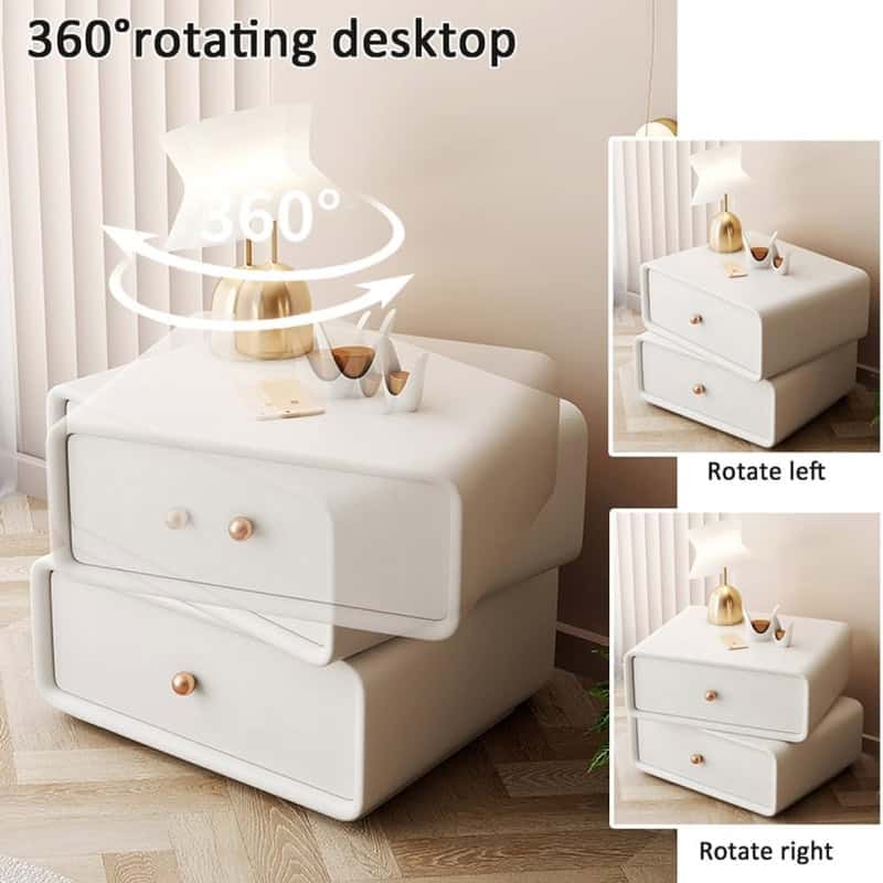 Elegant white bedside table with gold accents, featuring 360-degree rotatable drawers for versatile use, perfect for bedroom decor and practical storage.