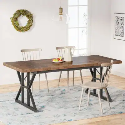 Elegant dining table made of wood with metal frame perfect for modern kitchen and dining room settings.