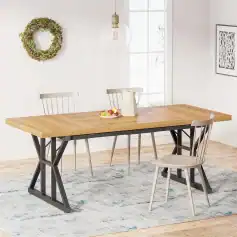 Stylish wooden dining table with black metal base, ideal for modern kitchens and dining rooms, offering a sleek look for family meals and entertaining guests.