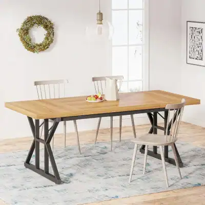 Stylish wooden dining table with black metal base, ideal for modern kitchens and dining rooms, offering a sleek look for family meals and entertaining guests.