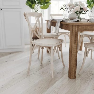 Elegant dining table with white wooden chairs, perfect for home and restaurant decor. Features a natural wood finish, stylish and durable for everyday use, enhancing your dining space.
