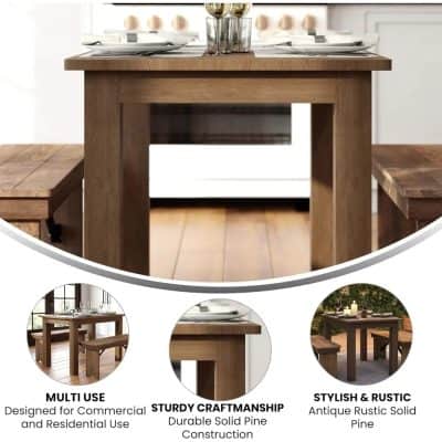High-quality wooden dining table for modern and rustic kitchens, perfect for family meals and gatherings. Durable craftmanship with solid pine, ideal for commercial or residential use.
