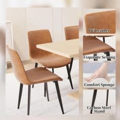 Luxurious PU leather chairs with exquisite sewing for a sophisticated look. Perfect for elegant dining rooms, offering comfort with soft cushions and durable carbon steel stands.