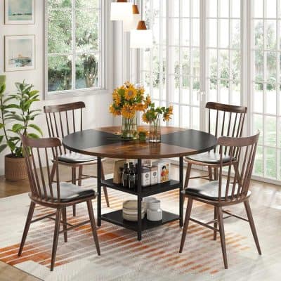 Bright dining room scene with wooden table, six chairs, large windows, and decorative flowers.