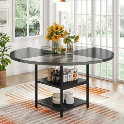 Stylish black dining table featuring a spacious top and lower shelf, ideal for home kitchen or dining room decor, with a bright sunlit backdrop and decorative vases.