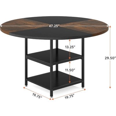 Contemporary dining table with black finish and wooden accents, perfect for kitchen or dining room, featuring sturdy metal frame and multiple storage shelves, measuring 47.25 inches in diameter and 29.5 inches high.