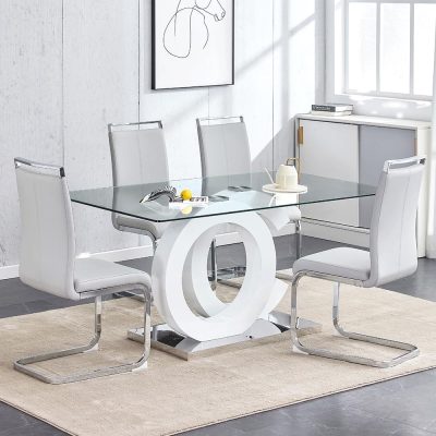 Elegant dining table with glass surface and contemporary white chairs, ideal for modern kitchens and dining rooms, perfect for family gatherings and entertaining guests.