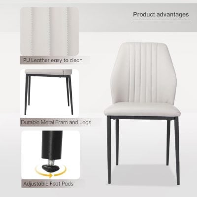 Elegant white dining chair with durable metal frame, easy-to-clean PU leather upholstery, and adjustable foot pads for stability, perfect for stylish home or restaurant settings.