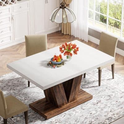 Modern dining table with beige chairs, bright room with large windows, and decorative centerpiece, ideal for home dining, family gatherings, and stylish interior design.