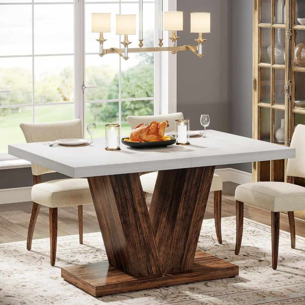 Luxury dining table with wood base and white tabletop, ideal for contemporary home dining and gatherings, complementing sophisticated interior decor.