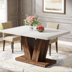 A luxurious marble top dining table with a modern wooden base, perfect for stylish home interiors and dining rooms, offering durability and a sophisticated look.