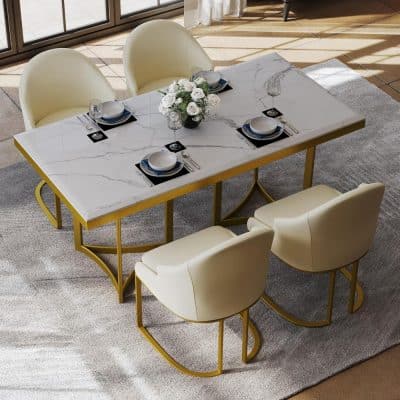 Alternative view of Luxury White Marble Dining Table for 6 with Gold Trestle Pedestal