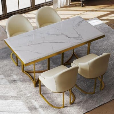 Modern marble dining table with gold accents, perfect for stylish homes and upscale restaurants. Features a sleek, durable surface ideal for family gatherings and entertaining guests.