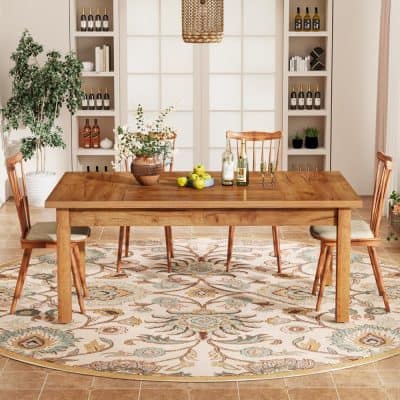 Stylish wooden dining table with chairs, perfect for home or restaurant use, featuring a warm natural finish, contemporary design, and durable construction.