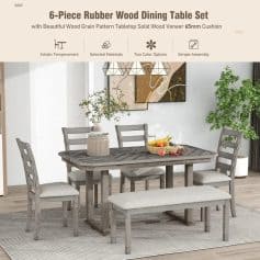 Elegant 6-piece rubber wood dining table set with detailed wood grain pattern, includes chairs and bench, perfect for stylish and durable home dining rooms.