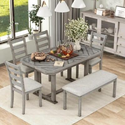 Stylish rustic dining table with matching chairs and bench, perfect for family meals, in a cozy, modern home.