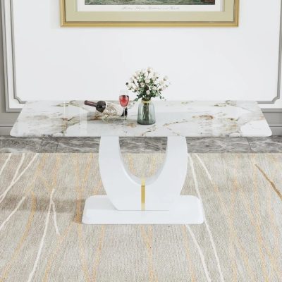 Luxury marble dining table with sleek white base, perfect for contemporary homes. Features a stunning marble surface, ideal for dining rooms, showcasing high-end interior design and sophisticated style.