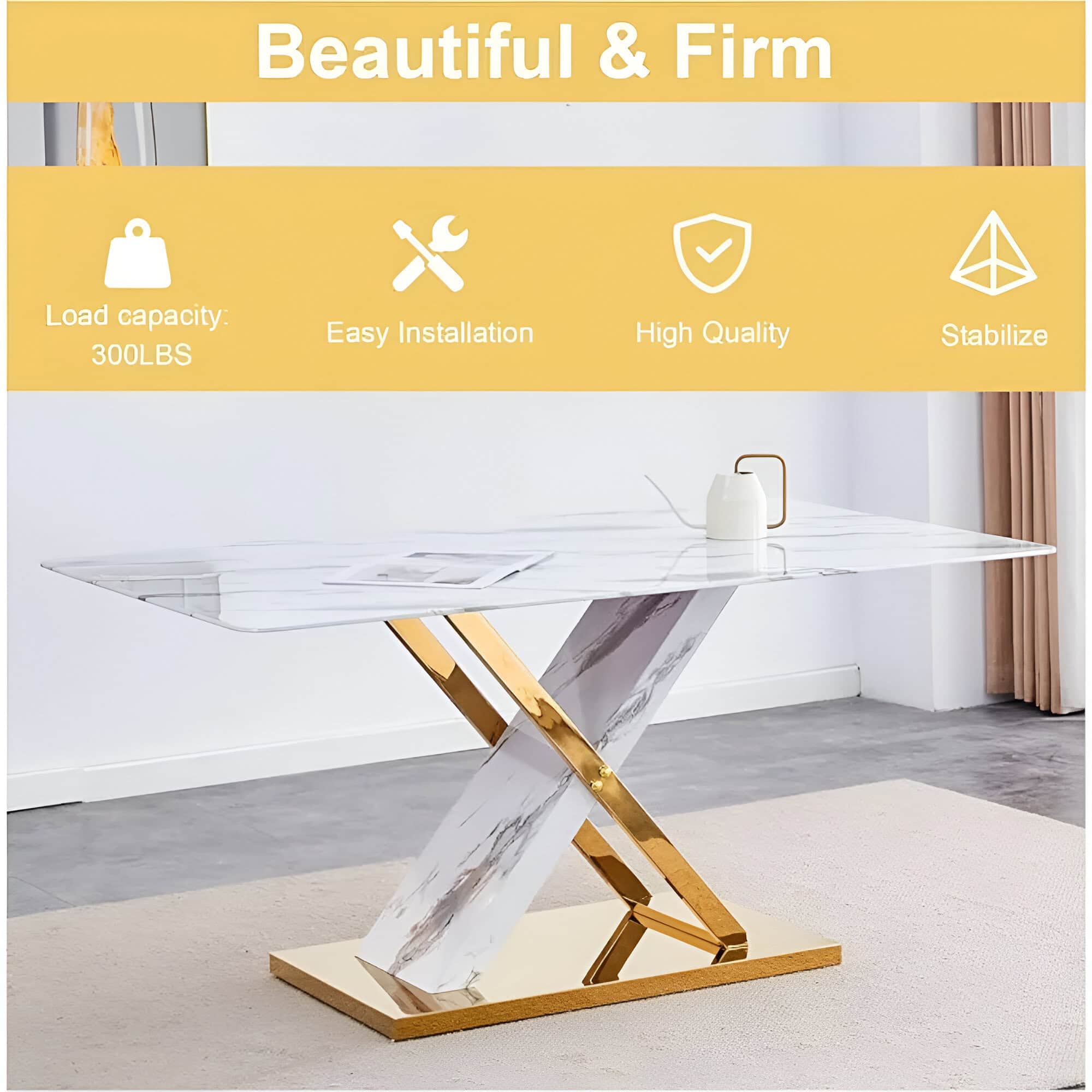 Elegant marble and gold coffee table for living rooms, featuring easy installation, high quality materials, and a sturdy load capacity of 300 lbs.