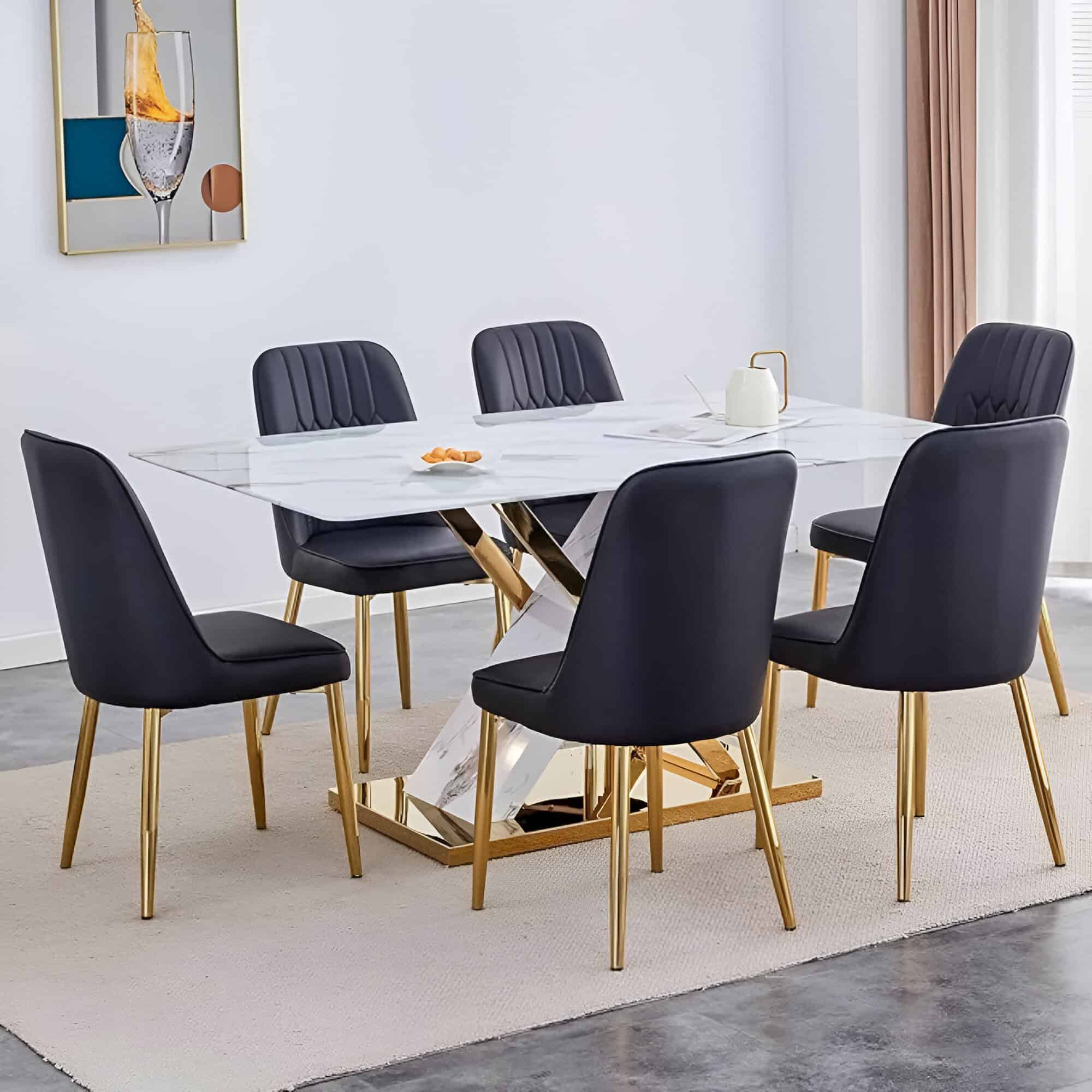 Stylish monochrome dining table with luxurious black chairs and gold details, perfect for contemporary interior design and upscale dining experiences.