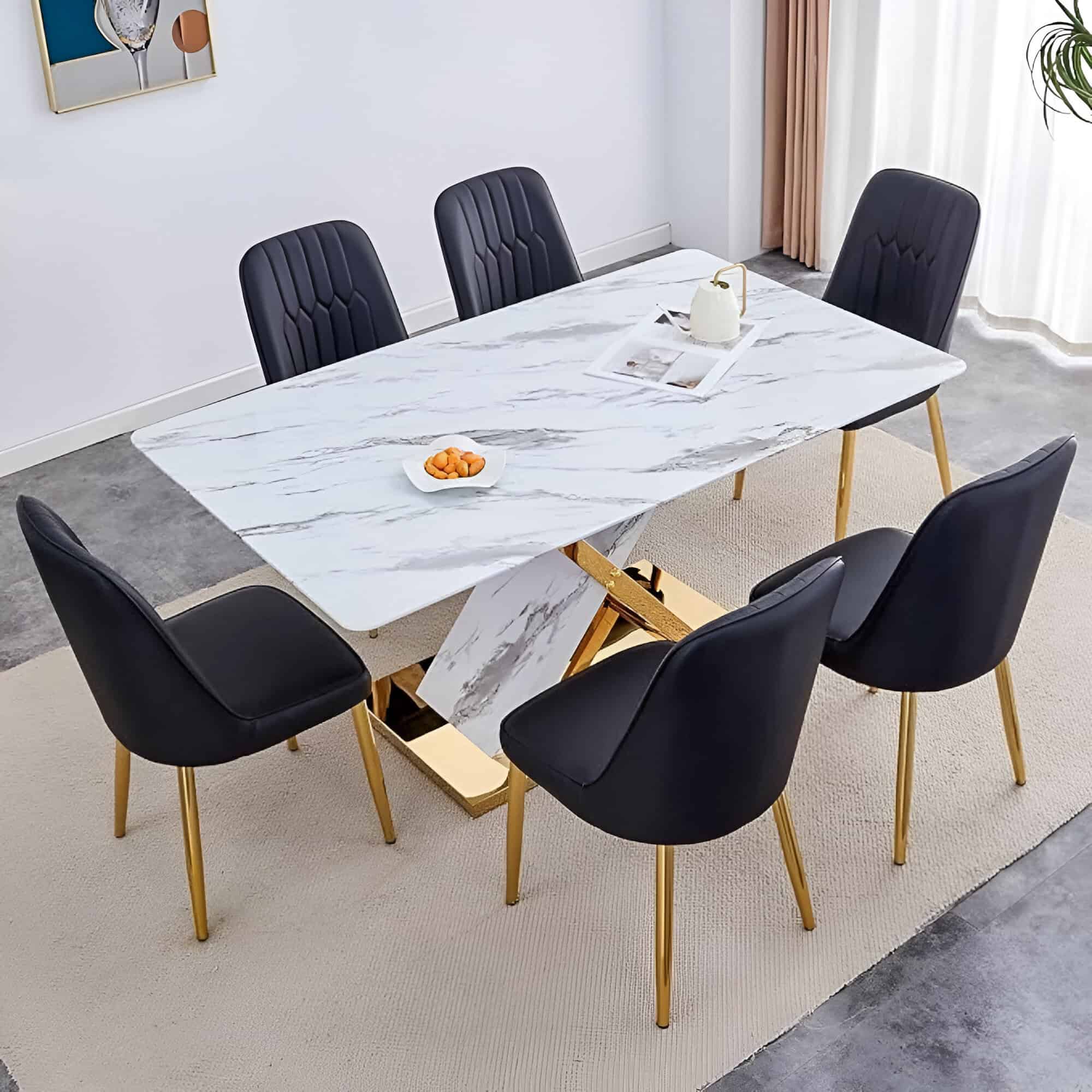 Luxurious marble dining table with six black and gold chairs, ideal for contemporary dining rooms and stylish home interiors.