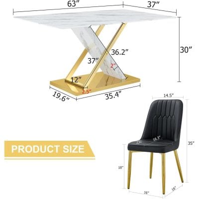Elegant dining table featuring a marble top, gold base, and dimensions suitable for contemporary kitchens and dining rooms. Perfect for stylish, modern interior design.