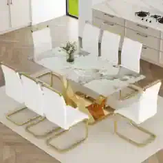 Luxurious marble dining table with white leather and gold accents, perfect for upscale home or restaurant interiors, showcasing premium furniture at Monalisa Store.