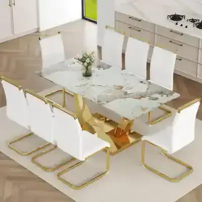 Luxurious marble dining table with white leather and gold accents, perfect for upscale home or restaurant interiors, showcasing premium furniture at Monalisa Store.