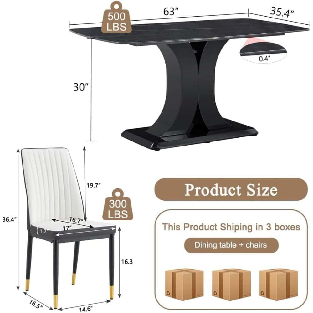 High-quality black wood dining table with sturdy design, 63-inch length, 30-inch height, and weight capacity of 500 lbs–perfect for modern kitchens and dining rooms.