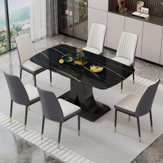 Stylish black marble dining table with six embedded chairs, perfect for contemporary living spaces, featuring sleek design and gold accents.