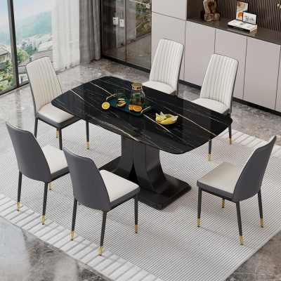Stylish black marble dining table with six embedded chairs, perfect for contemporary living spaces, featuring sleek design and gold accents.