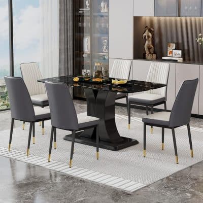 Stylish modern dining table and chairs for elegant home or office dining areas. Sleek black marble top with comfortable upholstered seats, perfect for gatherings and special occasions.