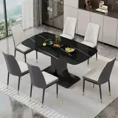 Modern Dining Table Set for 6 with Marble Top and Leather Chairs