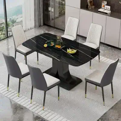 Modern Dining Table Set for 6 with Marble Top and Leather Chairs