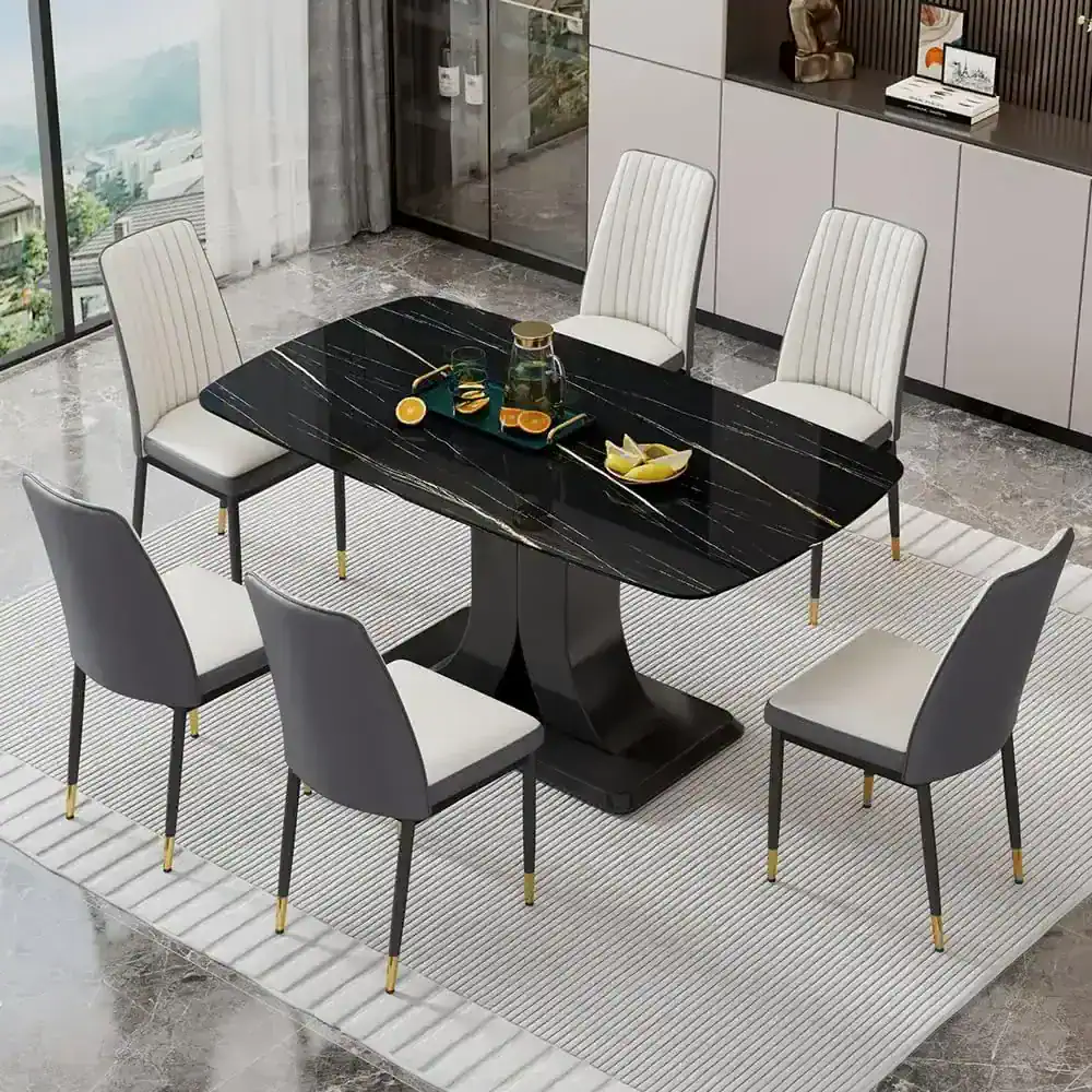 Modern Dining Table Set for 6 with Marble Top and Leather Chairs