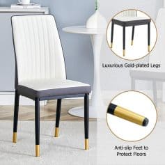 Luxurious white and black dining chair with gold-plated legs, perfect for upscale restaurants or home dining rooms, combining style and comfort.