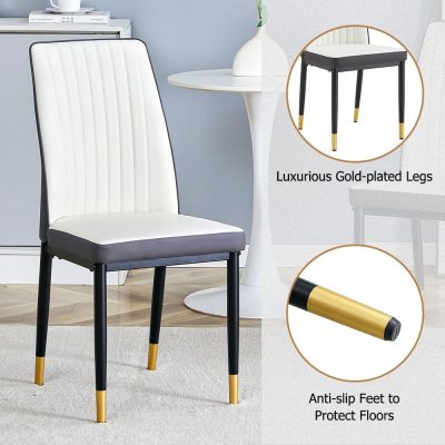 Luxurious white and black dining chair with gold-plated legs, perfect for upscale restaurants or home dining rooms, combining style and comfort.