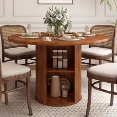 Stylish round wooden dining table with a beautiful bouquet of white roses, set for a meal with elegant tableware and glasses, in a sophisticated dining room.