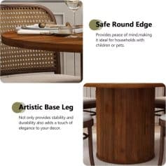 An elegant round wooden dining table with artistic base and smooth, safe edge, perfect for family meals and gatherings. Crafted with durable materials and stylish design.