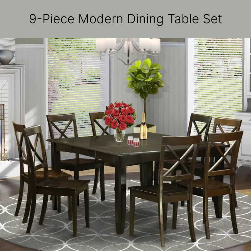 9-Piece Modern Dining Table Set with Butterfly Leaf and 8 Wooden Dining Chairs - Image 2