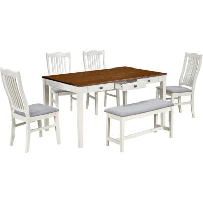 Elegant dining table with matching chairs and bench, perfect for family gatherings.