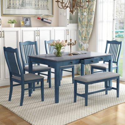 6-Piece Farmhouse Dining Table Set with 4 Upholstered Chairs and Bench
