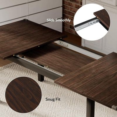 Elegant dark wood finish, modern office desk features a smooth slide-out extension for flexible workspace. Perfect for professional work environments seeking stylish and functional furniture solutions.