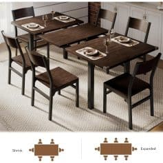 Elegant wooden dining table with matching chairs, ideal for family meals or dinner parties, featuring a stylish and durable design for a comfortable dining experience.