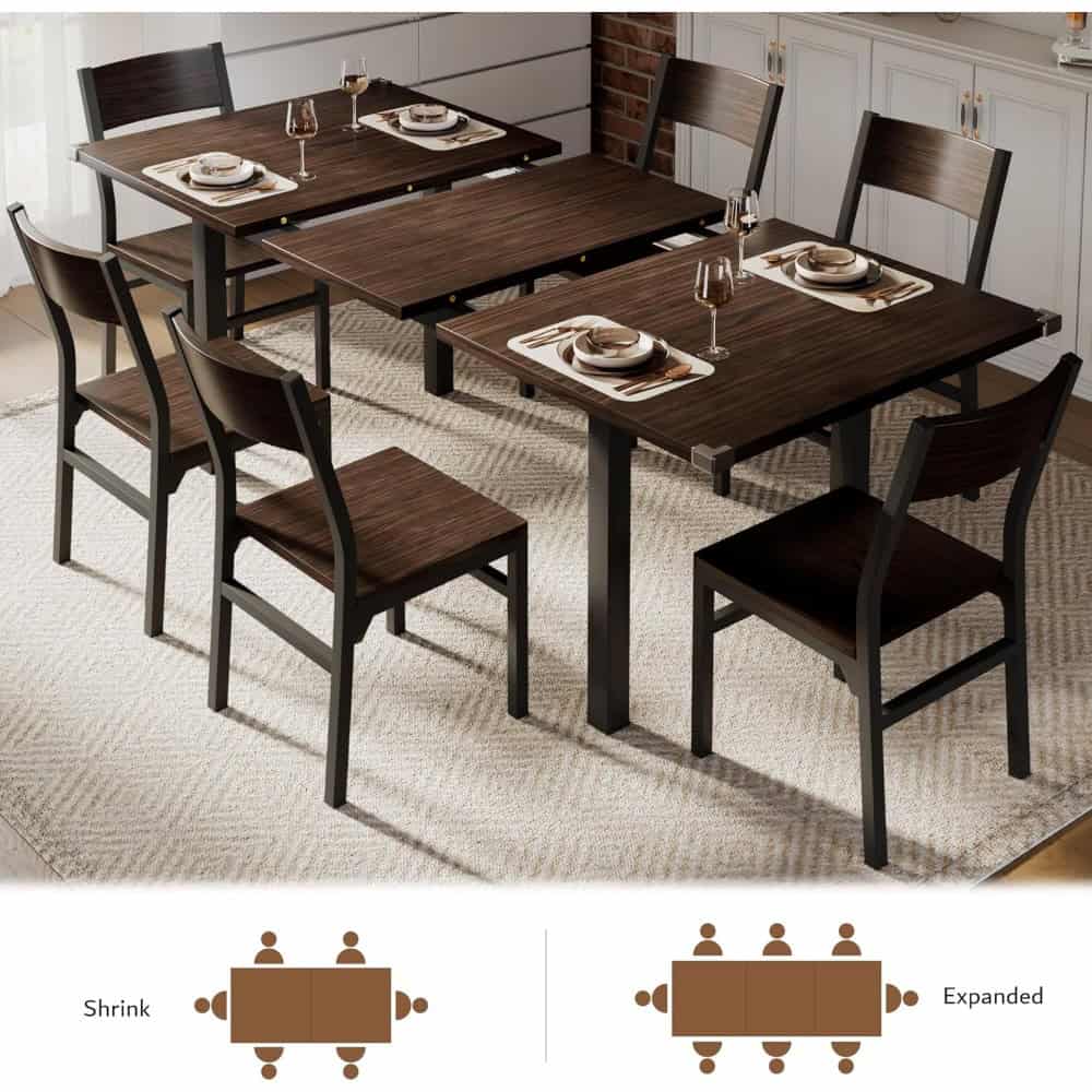 Elegant wooden dining table with matching chairs, ideal for family meals or dinner parties, featuring a stylish and durable design for a comfortable dining experience.