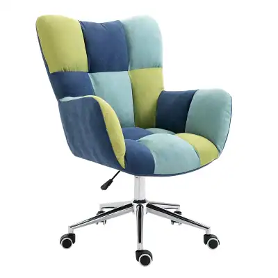 Bright, stylish office chair featuring multicolor patchwork upholstery, adjustable height, and smooth-rolling casters for comfortable workspace seating.