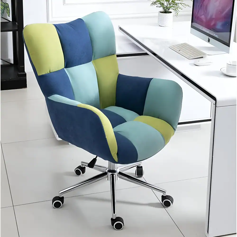 Vivid, patchwork-style office chair with multicolored upholstery, featuring ergonomic design, adjustable height, and caster wheels for mobility. Ideal for modern, stylish office decor.