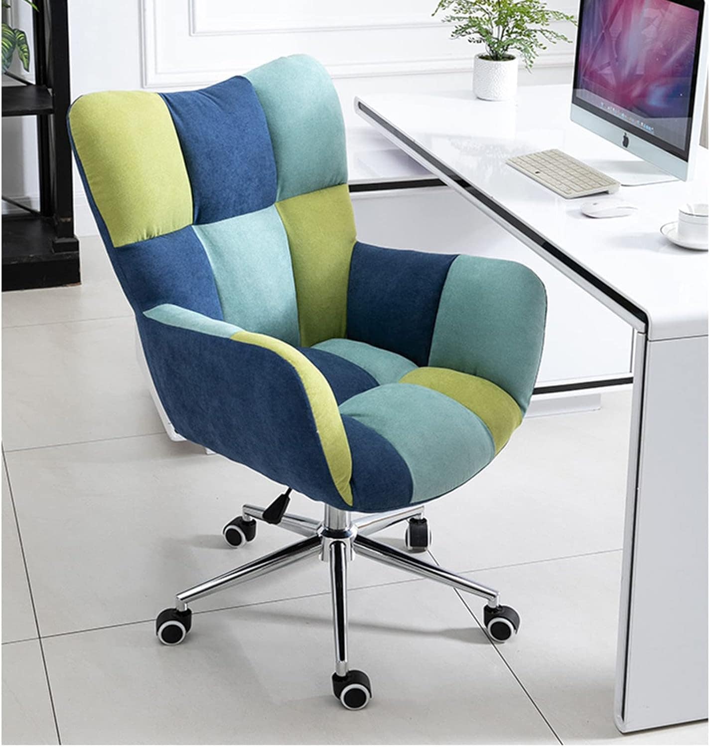 Vibrant multicolor office chair with adjustable height, perfect for workspace decor and ergonomic support. Suitable for home offices and professional environments.