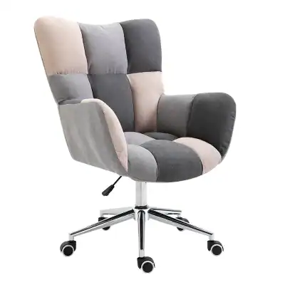 Comfortable patchwork upholstered executive office chair with adjustable height and rolling casters for ergonomic workspace seating.